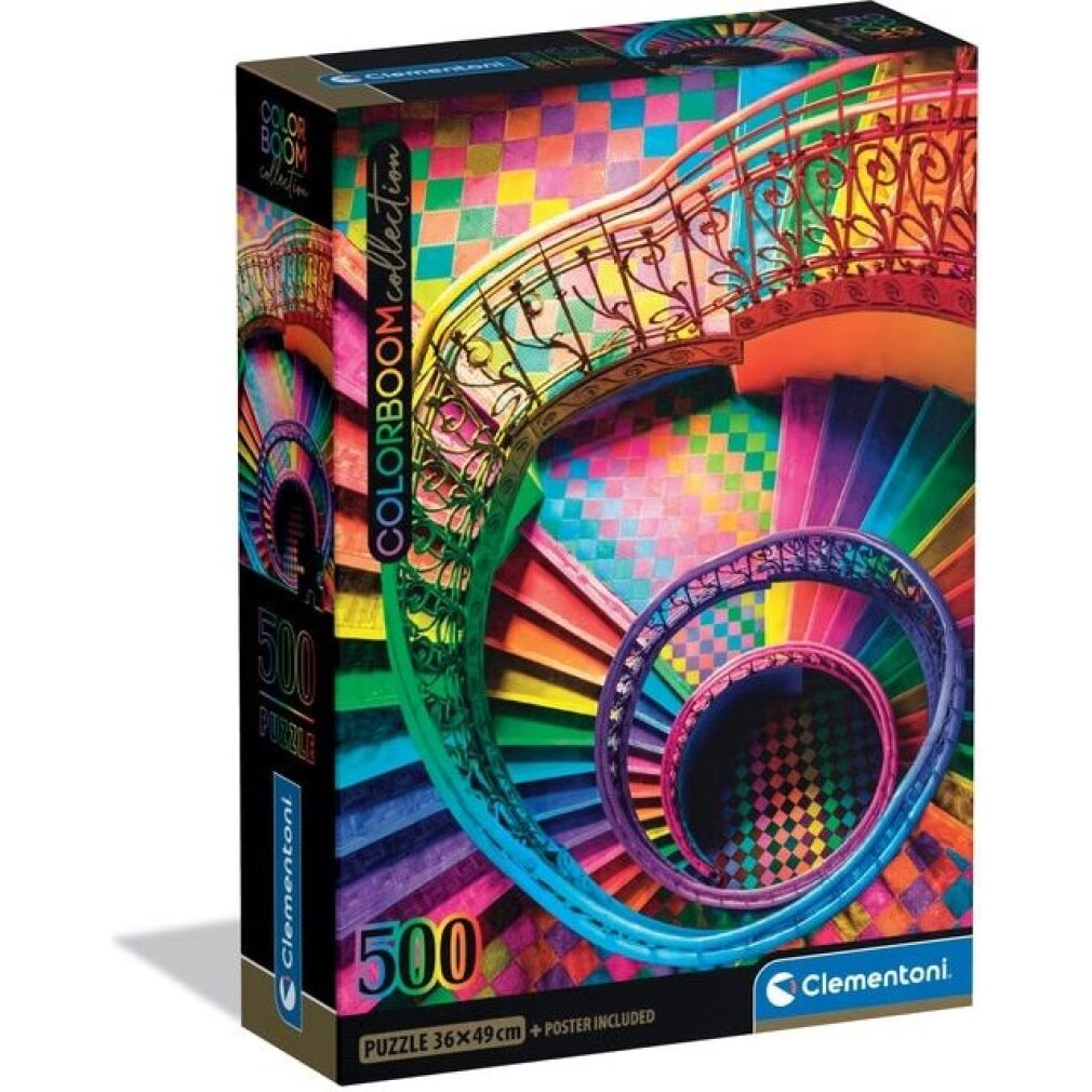 Escalera de caracol colorida con barandillas de hierro forjado.