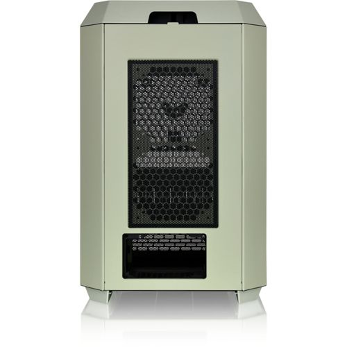 Un case per computer verde chiaro con griglie di ventilazione sul retro.