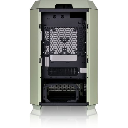 Vista posteriore di un case PC verde chiaro con pannello laterale aperto.