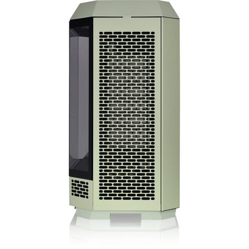 Un case per computer verde chiaro con griglie di ventilazione e una finestra.