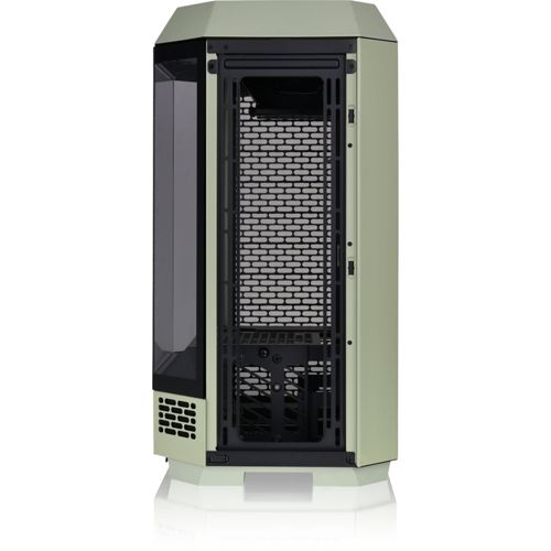 Un case per computer verde chiaro con finestra in vetro e griglia di ventilazione nera.