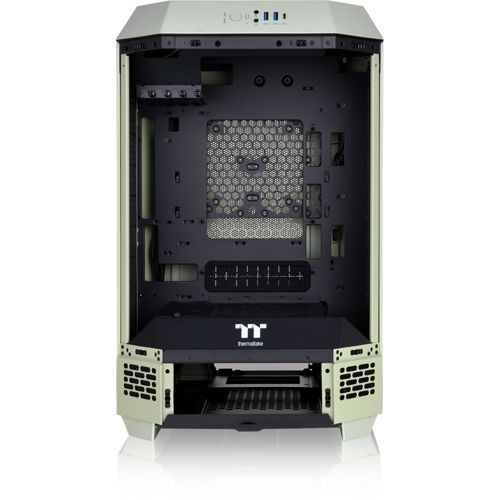Un case per computer aperto, verde chiaro, con interno nero e griglie di ventilazione.