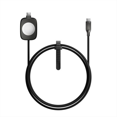 Cavo di ricarica nero con USB-C e caricatore magnetico, arrotolato con cinturino.