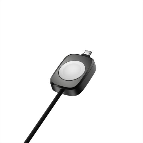 Un cavo di ricarica nero per smartwatch con connettore USB-C.
