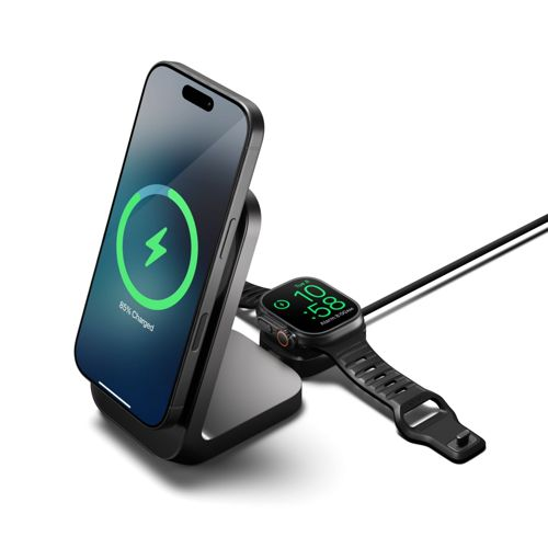 Uno smartphone e uno smartwatch si caricano su una base di ricarica.