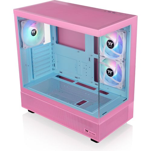 Un case PC rosa con interno blu e ventole illuminate.