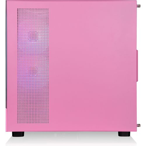 Un case per computer rosa con griglia di ventilazione e luci.