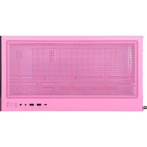Un case per computer rosa con pannello superiore forato e porte.