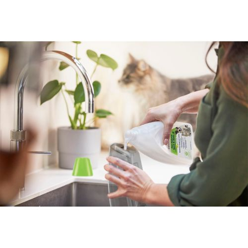 Una persona versa liquido da una bottiglia in un contenitore. Un gatto è sullo sfondo.