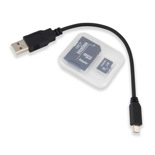 Un cavo USB nero si collega a una custodia trasparente con adattatore Micro SD Imation.