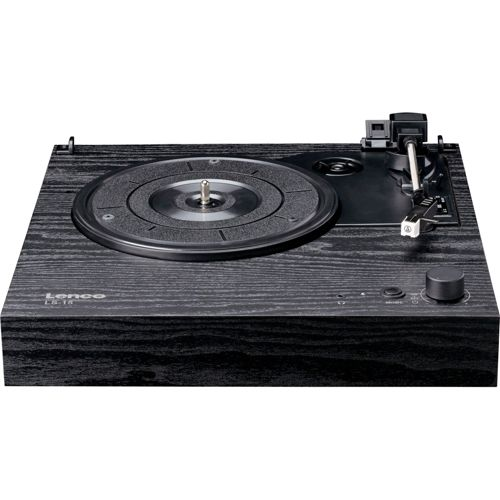 A black wood-grain turntable with a tonearm.