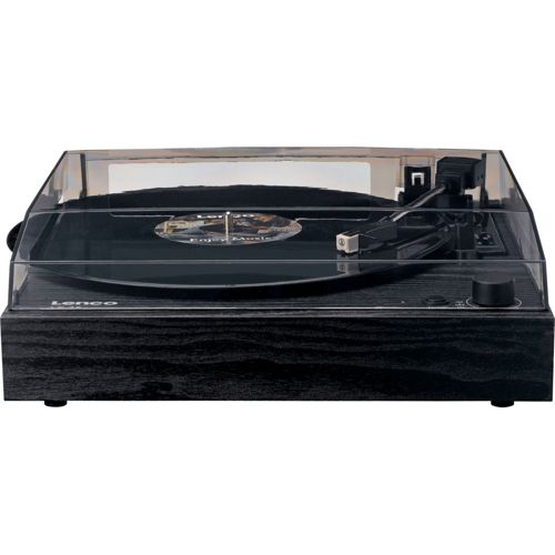A black Lenco record player with a transparent lid, featuring a vinyl record.