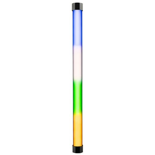Ein vertikales Leuchtstoffröhrenlicht mit Farbverlauf von Blau zu Grün zu Orange.