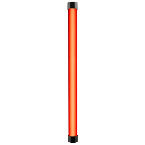 Ein langer, roter, leuchtender Stab mit schwarzen Endkappen auf weißem Hintergrund.