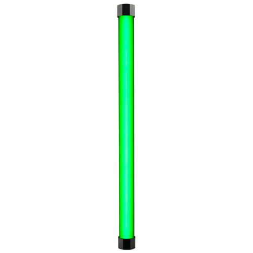 Ein vertikales grünes LED-Lichtrohr mit schwarzen Endkappen auf weißem Hintergrund.