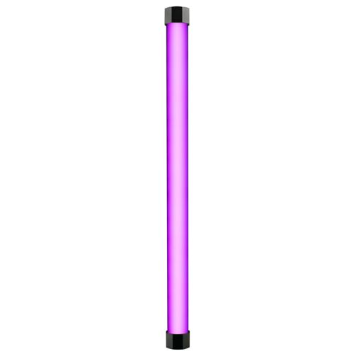 Eine vertikale violette Röhre mit schwarzen Endkappen auf weißem Hintergrund.