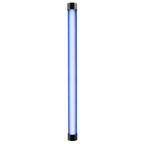 Eine vertikale blaue Röhrenlampe mit schwarzen Endkappen auf weißem Hintergrund.
