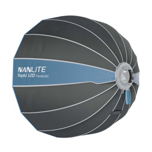 Réflecteur parabolique gris avec bande bleue et inscription "NANLITE Rapid 120".