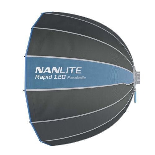 Une boîte à lumière parabolique Nanlite Rapid 120 avec panneaux gris et bleus.