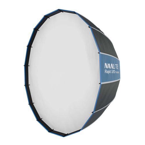 Un diffuseur de lumière octogonal blanc avec bordure bleue et noire.