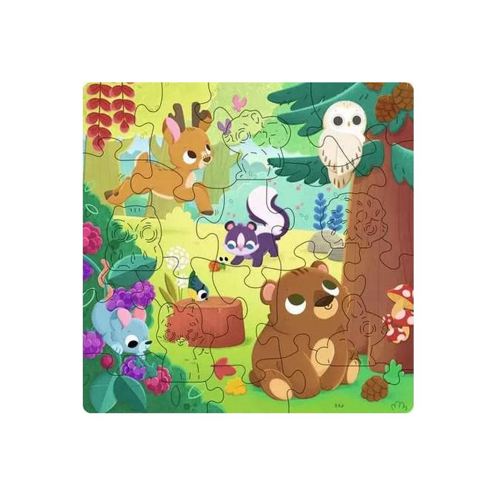 Un puzzle di orso, cervo, gufo, puzzola e topo in una scena boschiva.