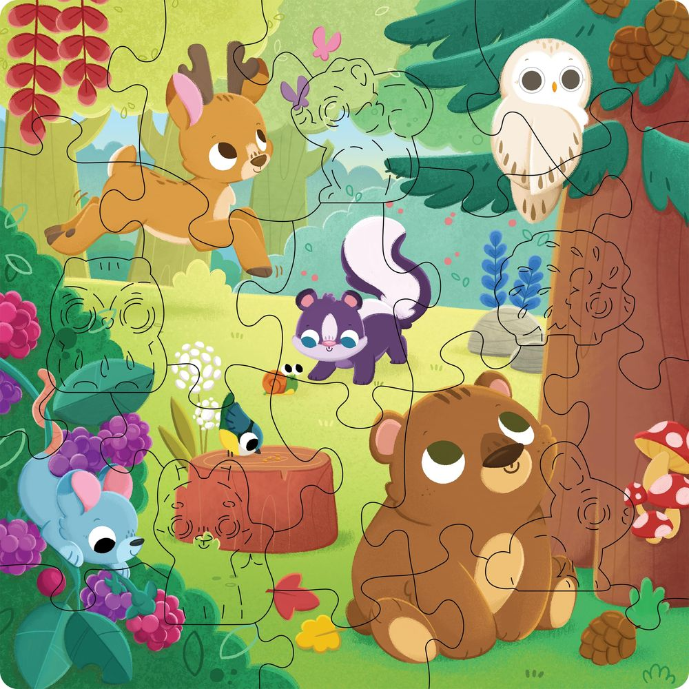 Una scena boschiva con cervo, puzzola, orso, gufo, topo, uccello e funghi.