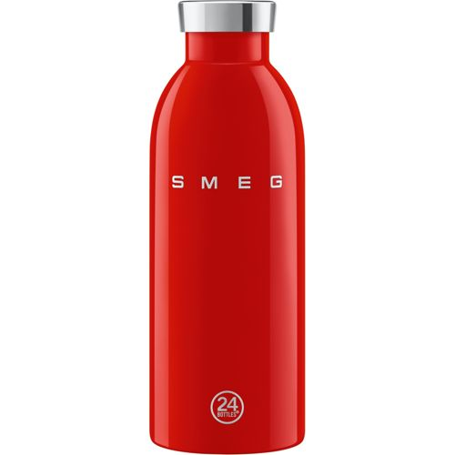 Gümüş kapaklı kırmızı şişe, "SMEG" logosu ve "24 BOTTLES" dairesi.