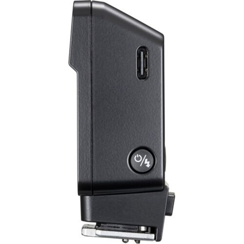Flash d'appareil photo noir avec port USB et icône d'alimentation.