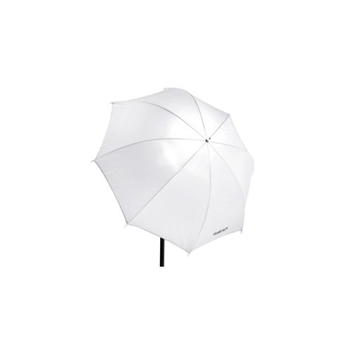 Un parapluie blanc avec un manche noir sur fond blanc.