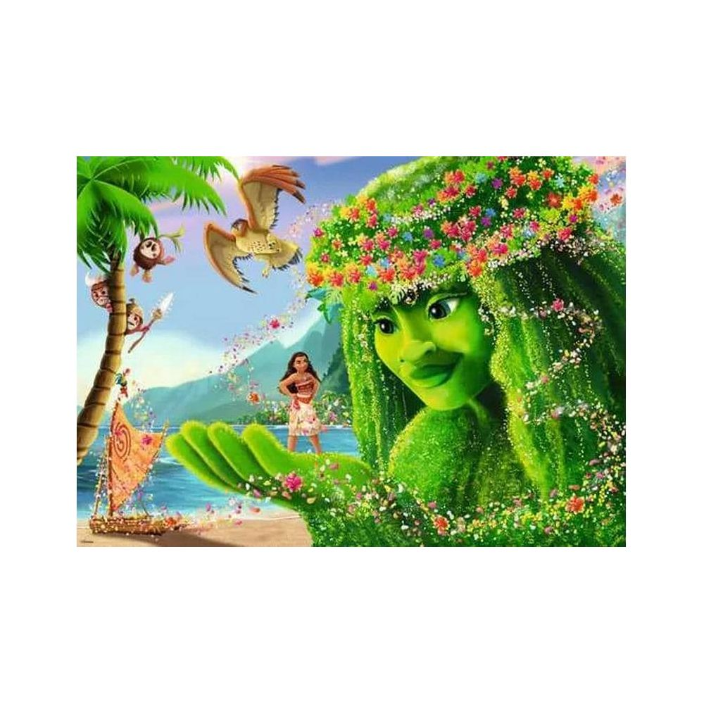 Una donna verde con corona di fiori, Moana, un uccello e scimmie sulla spiaggia.
