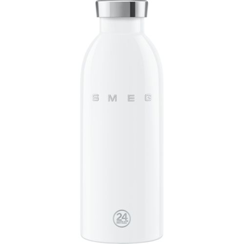 Weiße Smeg-Flasche mit silbernem Deckel und Logo.