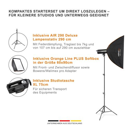 Ein kompaktes Starterset mit Lampenstativ, Softbox und Tasche. "Unternehmen aus Deutschland."