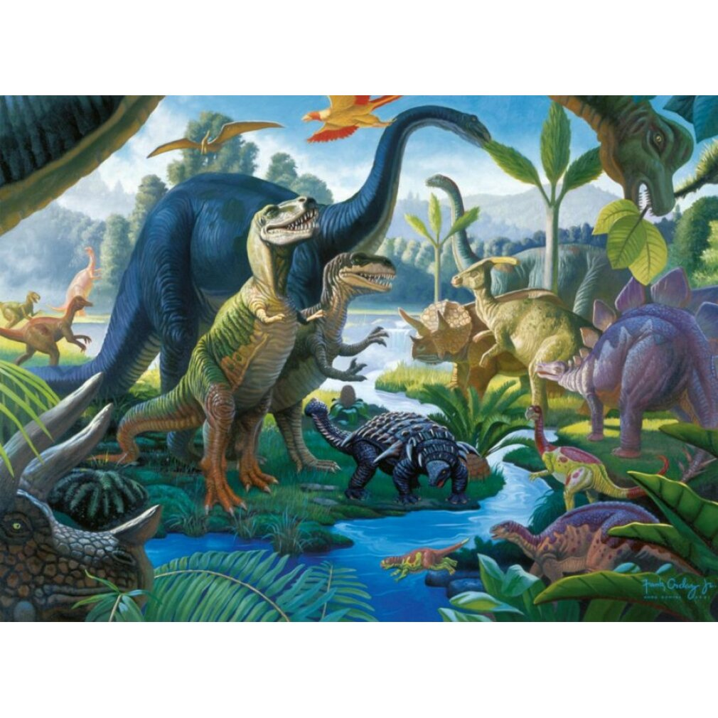 Dinosauri diversi in un paesaggio preistorico con un fiume.