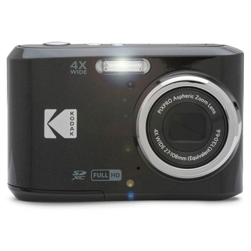 Eine glänzende schwarze Kodak Digitalkamera mit 4x Weitwinkelzoom und Blitz.