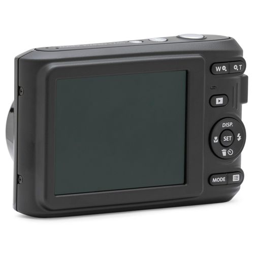 Rückseite einer schwarzen Digitalkamera mit LCD-Bildschirm und Bedienelementen.