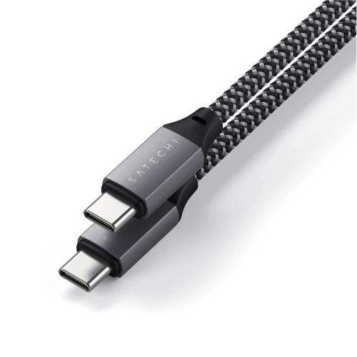 Cavo USB-C grigio con due connettori e cavo intrecciato nero/grigio.