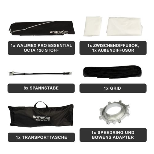 Walimex Pro Octa 120 Set: Stoff, Diffusoren, Stäbe, Grid, Tasche, Speedring.
