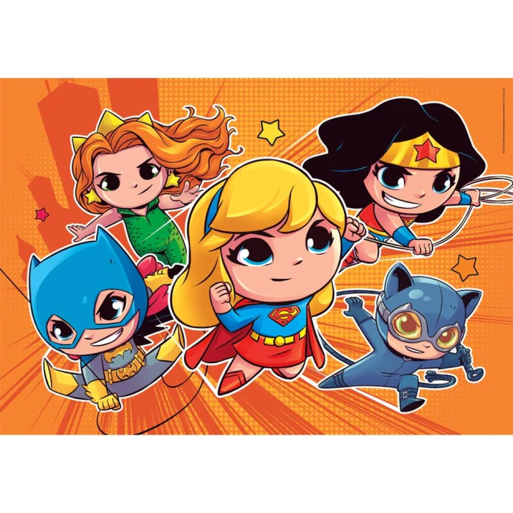 Cinco superheroínas de DC estilo chibi sobre fondo naranja.