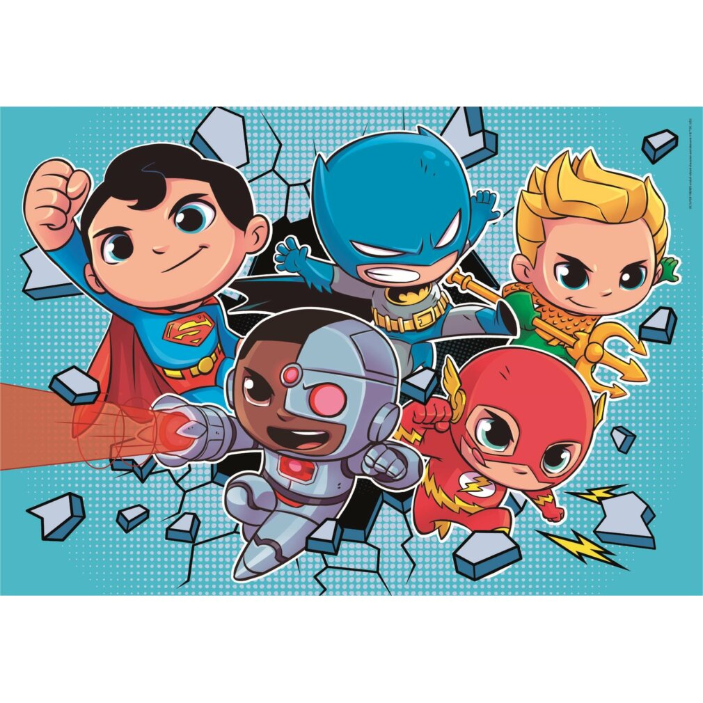 Cinco superhéroes de DC: Superman, Batman, Aquaman, Cyborg y Flash rompiendo una pared.