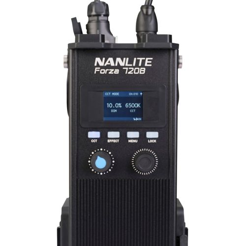 Ein schwarzes Nanlite Forza 720B Licht mit LCD-Bildschirm und Bedienelementen.