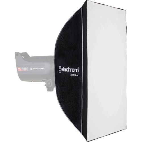 Ein Elinchrom Blitzkopf ist an einem weißen Softbox-Diffusor befestigt.