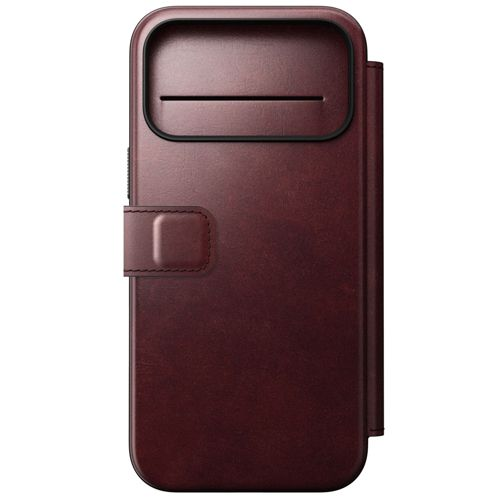 Custodia in pelle rosso scuro per smartphone con ritaglio fotocamera e chiusura magnetica.