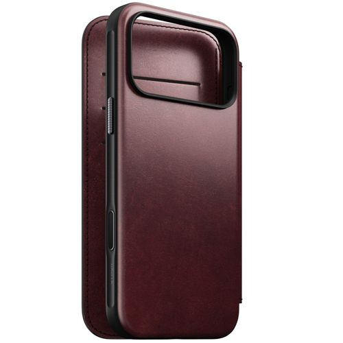 Custodia per iPhone in pelle rosso scuro con bordo nero e porta carte.