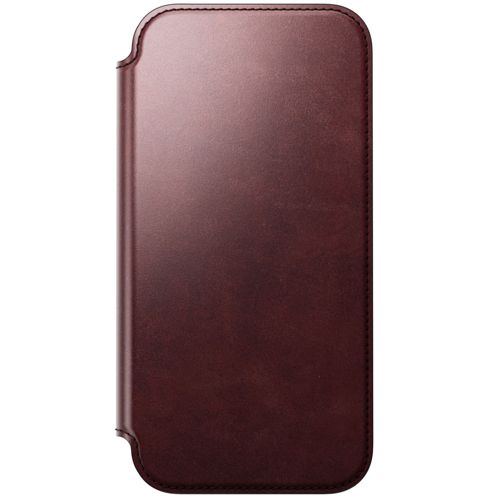 Custodia in pelle marrone scuro per smartphone, con cuciture sui bordi.