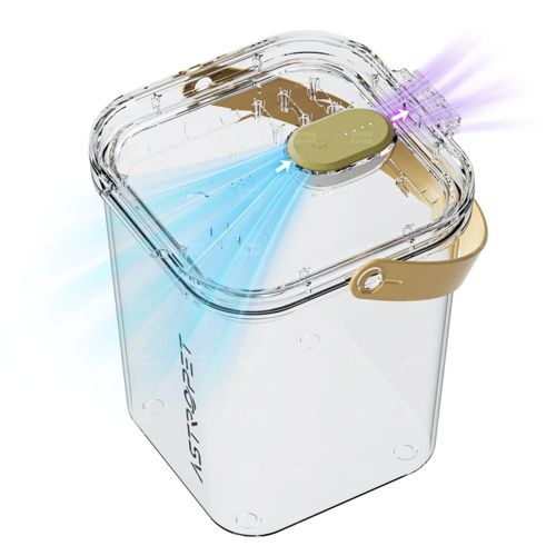 Contenitore trasparente con ventilazione e funzione UV-C. Su sfondo bianco.