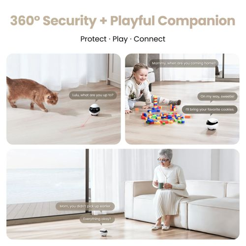 Katze spielt mit Roboter, Kind spielt mit Bausteinen, Frau sitzt auf Sofa mit Roboter.