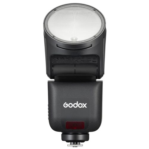 Een zwarte Godox flitser met een ronde lampkop en een rode accent.