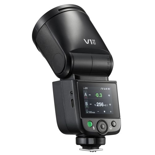 Een zwarte cameraflitser met een LCD-scherm dat instellingen toont.
