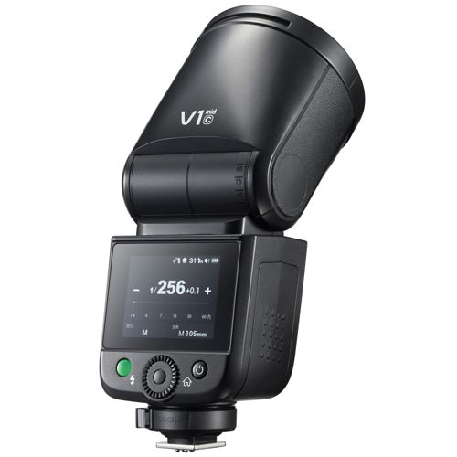 Een zwarte cameraflitser met LCD-scherm en bedieningselementen.
