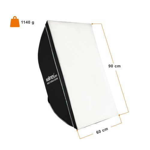 Ein weier Softbox-Lichtdiffusor mit Maen von 60x90 cm und 1140 g Gewicht.